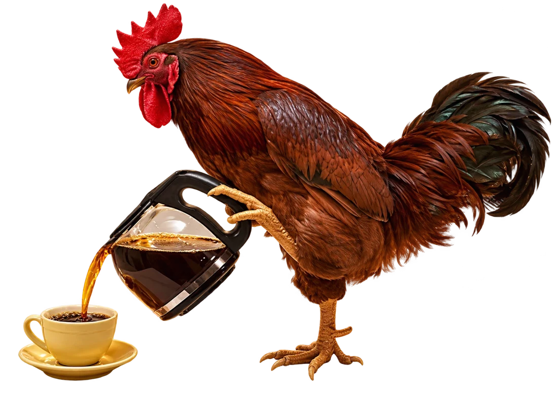 Um galo servindo café numa xícara, em cima da mesa da cozinha