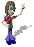 Hippie com buquê de flores fazendo sinal de paz