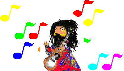 Hippie tocando violão entre notas musicais coloridas
